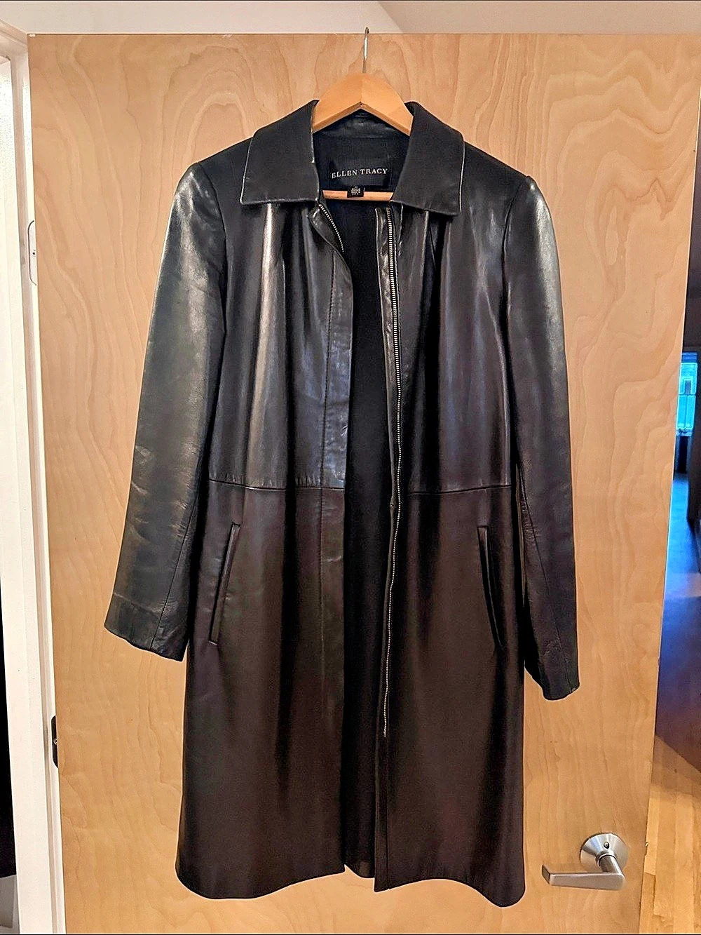 Vintage Ellen Tracy Leather Long Coat in Black Like New